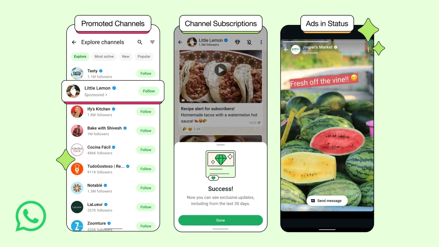 Anuncios, canales promocionados y suscripciones a canales en las interfaces de WhatsApp