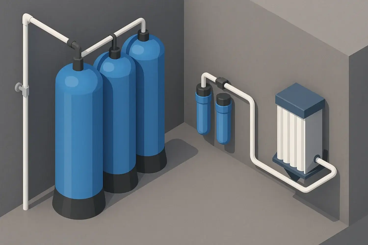 Ilustración isométrica de un sistema de filtración de agua instalado por MrBeast en Colombia, mostrando tanques azules y tuberías en una sala comunitaria.