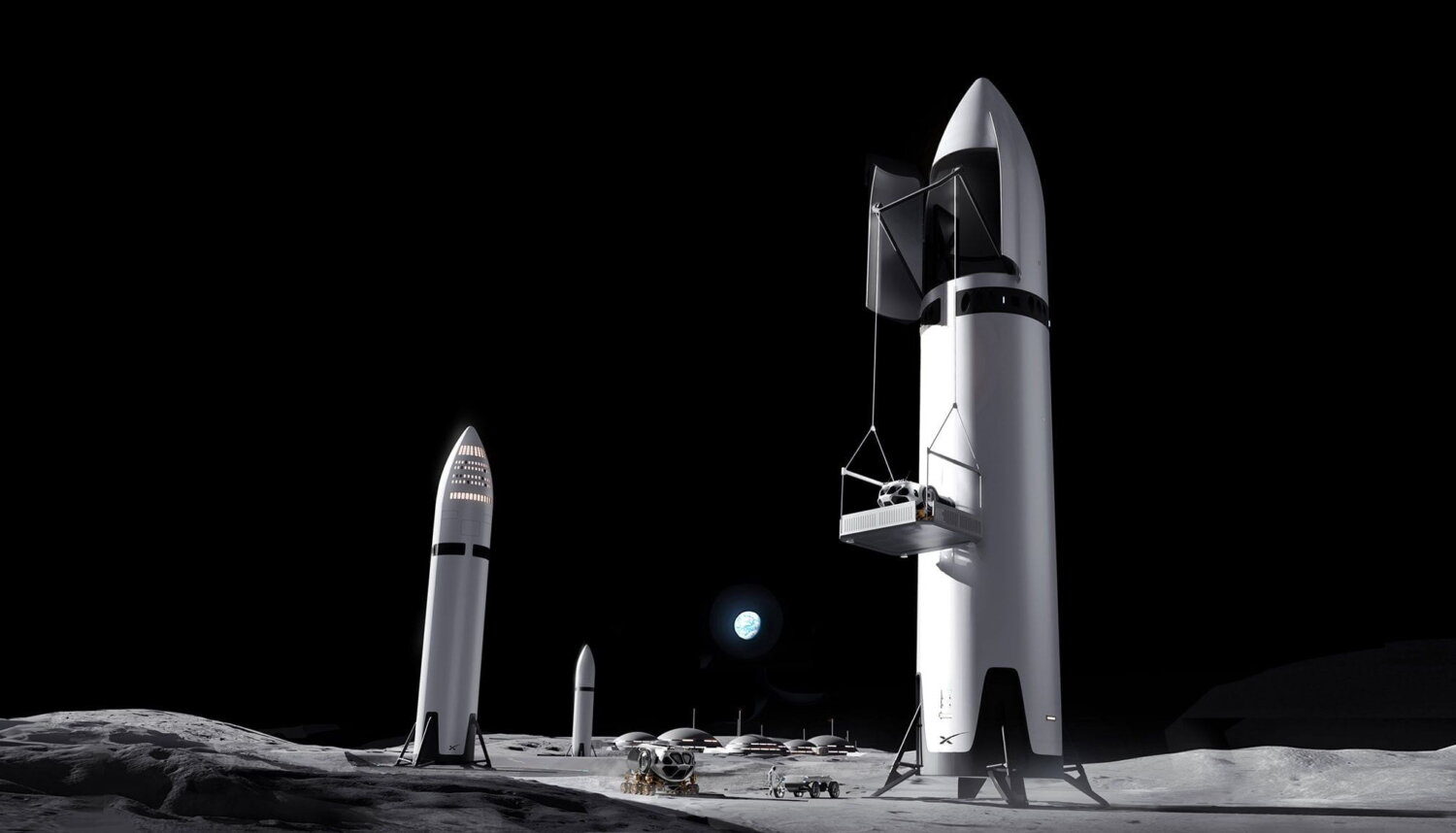 Representación artística de varias naves Starship en la superficie lunar, descargando vehículos y módulos de exploración, símbolo del regreso a la Luna