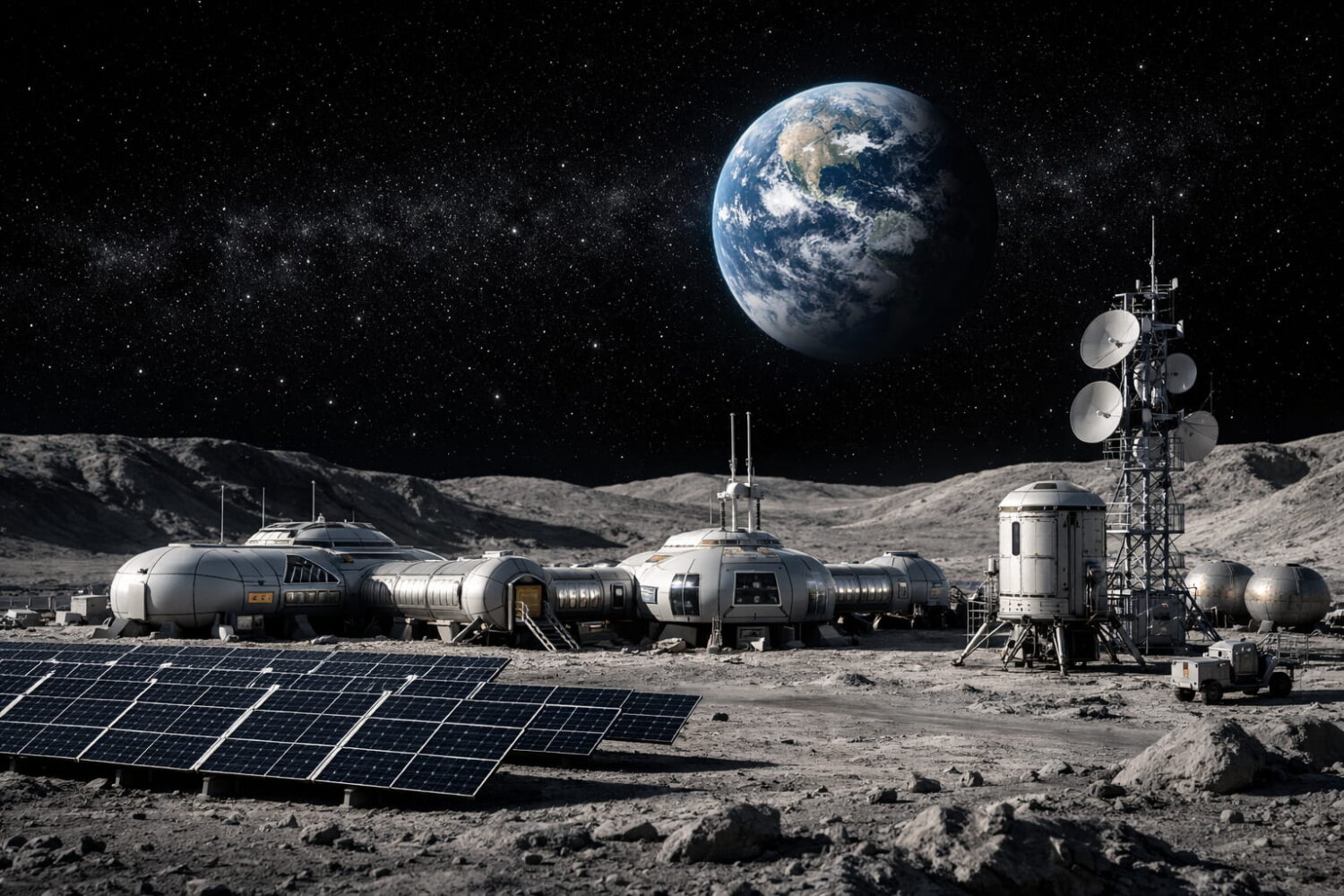 Infraestructura lunar con módulos habitables conectados, paneles solares y antenas de comunicación instaladas sobre la superficie de la Luna, con la Tierra visible al fondo