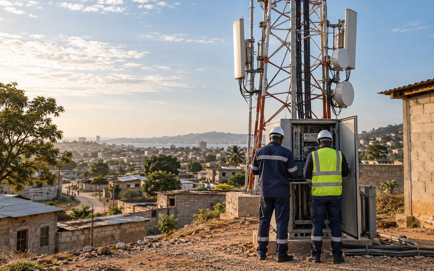 Dos técnicos junto a un gabinete y una torre de telefonía, en una escena conceptual sobre Africell en Angola.